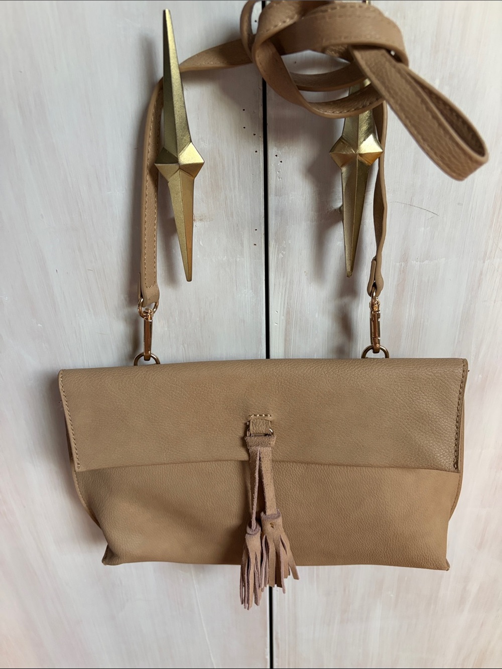 Tan Leather Crossbody Bag with Tassel